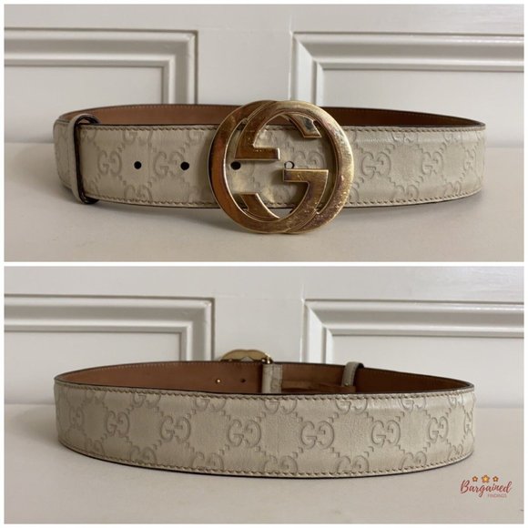 Authentic Gucci Cream Guccissima Leather Gold Interlocking G Buckle Belt 85/34 - Picture 5 of 13